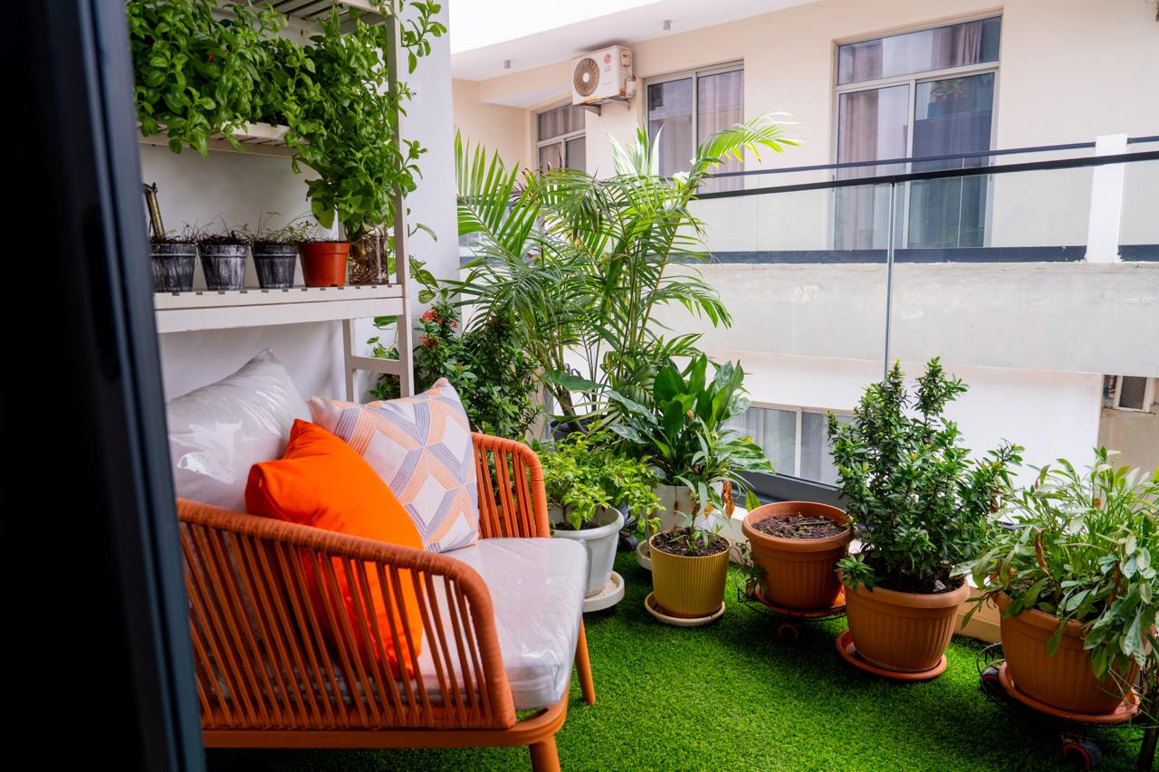Terrasse de l'appartement avec plantes en pot